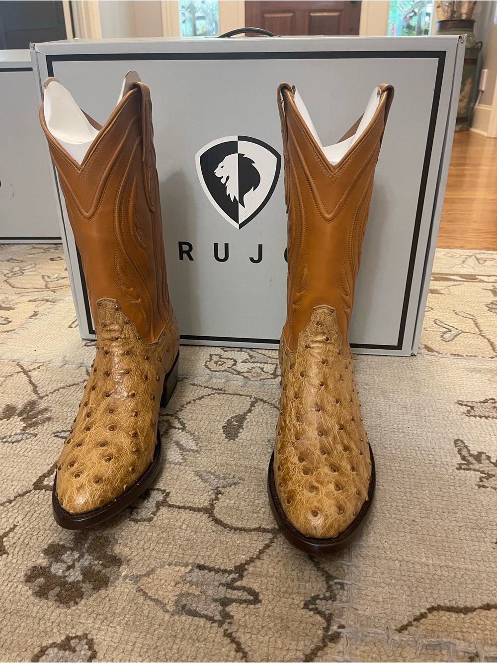 Men’s Rujo Deacon Tan Ostrich Leather Cowboy Western Boots 8.5D